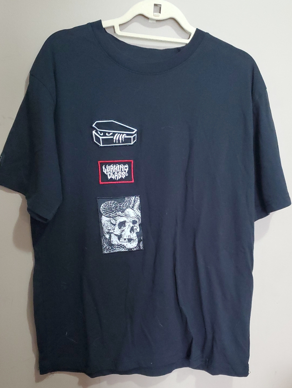 Men's Black Graphic Patch T-Shirt - Skull & Coffin Design Size Large